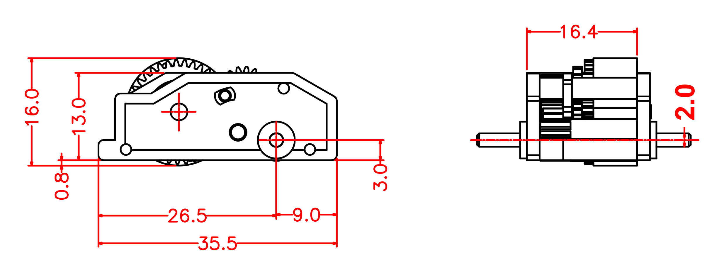 Dimensioned drawing of the Brute pull-back motor: 35.5 mm long, 16.4 mm wide, 16 mm tall, 2 mm axle shaft