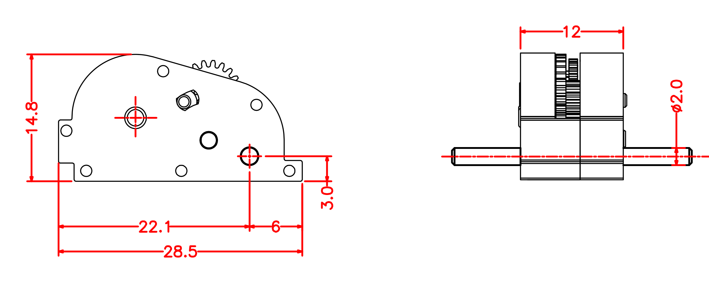 Dimensioned drawing of the Scamp pull-back motor: 28.5 mm long, 12 mm wide, 14.8 mm tall, 2 mm axle shaft