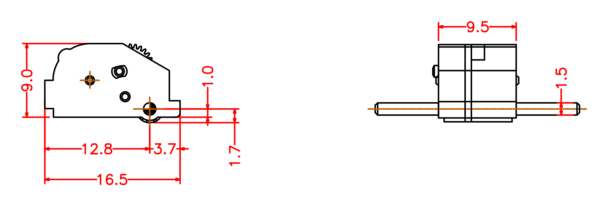 Dimensioned drawing of the Skimp pull-back motor: 16.5 mm long, 9.5 mm wide, 9 mm tall, 1.5 mm axle shaft